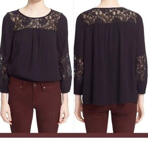 Joie Black Coastal Lace Inset Crepe Top size small black long sleeve